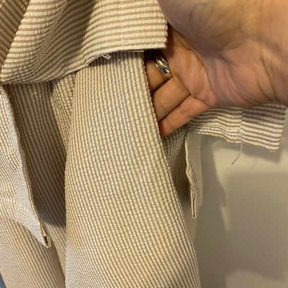 HABAND 2Piece Travel Lounge Set Top Pullon Capri LP Vintage Ivory Olive Striped - Picture 10 of 11